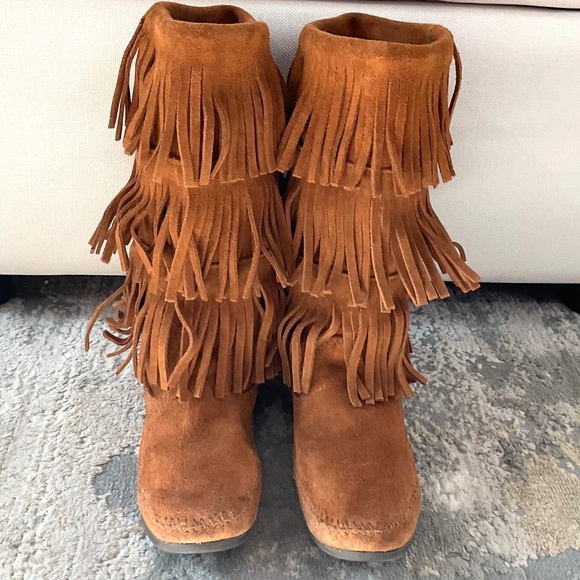 Brown Suede Western Boho Moccasin 3-Layer Fringe Boots Sz 9 - Picture 4 of 16